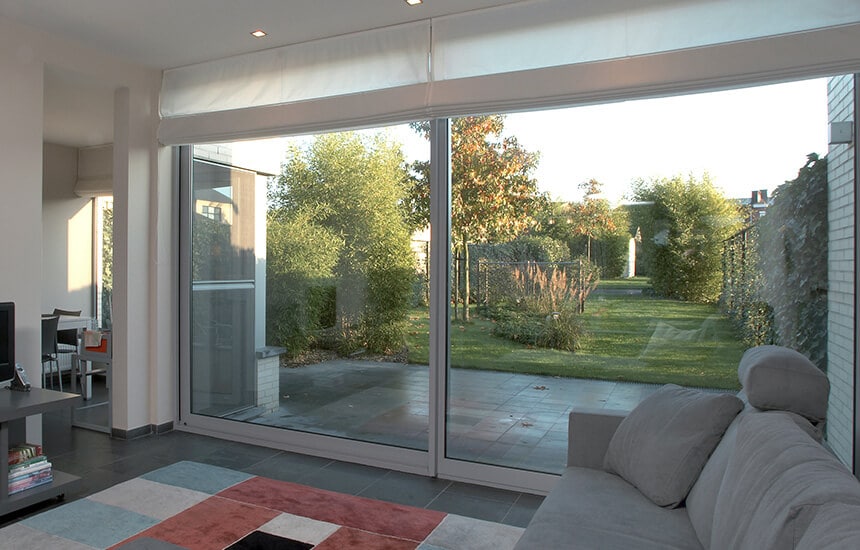 Closed aluminium sliding patio door in cosy home aesthetic 