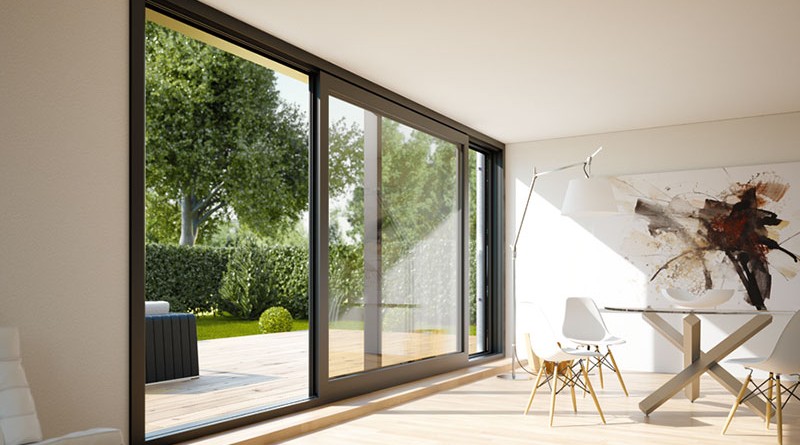 Aluminium sliding patio door half open with modern aesthetic